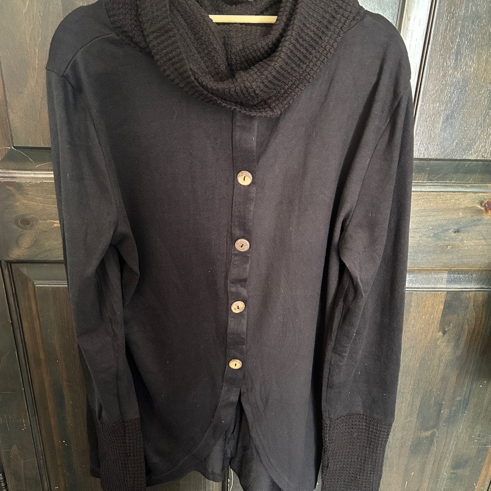 Women's Black Button-Up Tunic with Cowl Neck